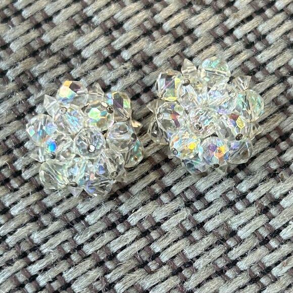 Vintage AB Rhinestones Clip-On Earrings Clear Aurora Borealis Silver-tone Round - Picture 4 of 8
